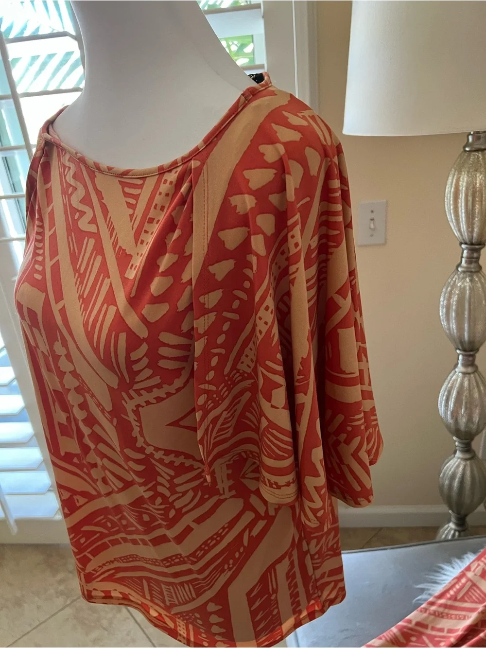 IMAN Orange And Tan Geometric Print Leggings & Cape Top Set